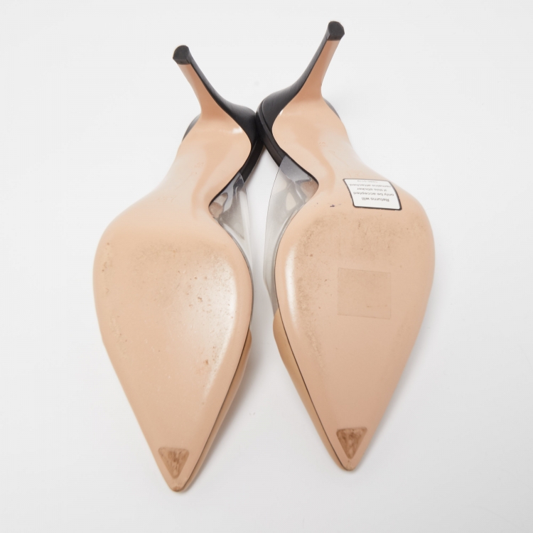 Pre Owned Gianvito Rossi Beige /Black Leather and PVC  Plexi  Pointed Toe Mules Size 38.5