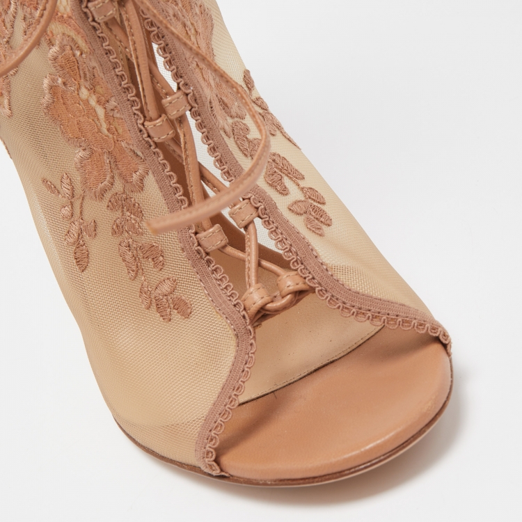 Pre Owned Gianvito Rossi Beige Mesh and Lace Ankle Boots Size 40    