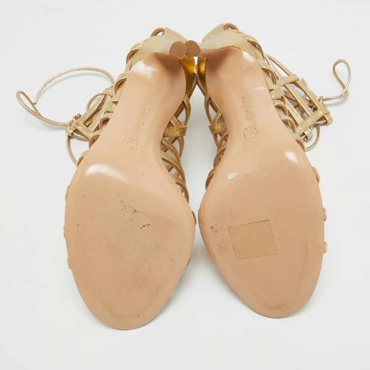 Pre Owned Gianvito Rossi Metallic Gold Leather Lace Up Caged Sandals Size 36 