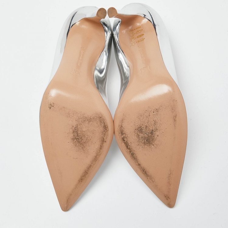 Pre Owned Gianvito Rossi Silver Laminated Leather Pointed Toe Pumps Size 37