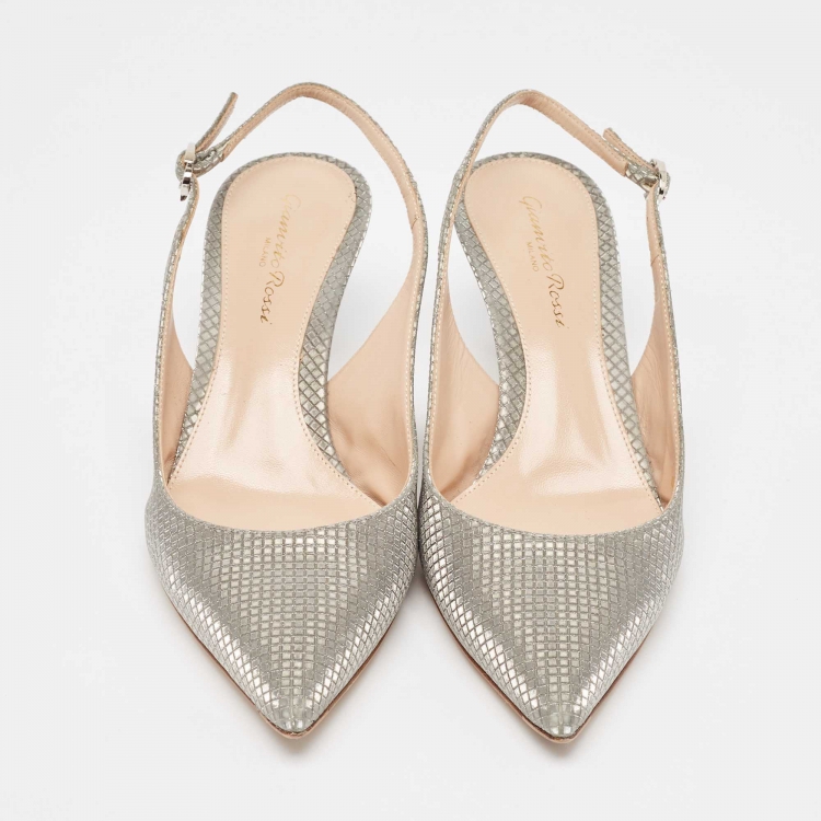 Pre Owned Gianvito Rossi Silver Metallic Mesh Slingback Pumps Size 38