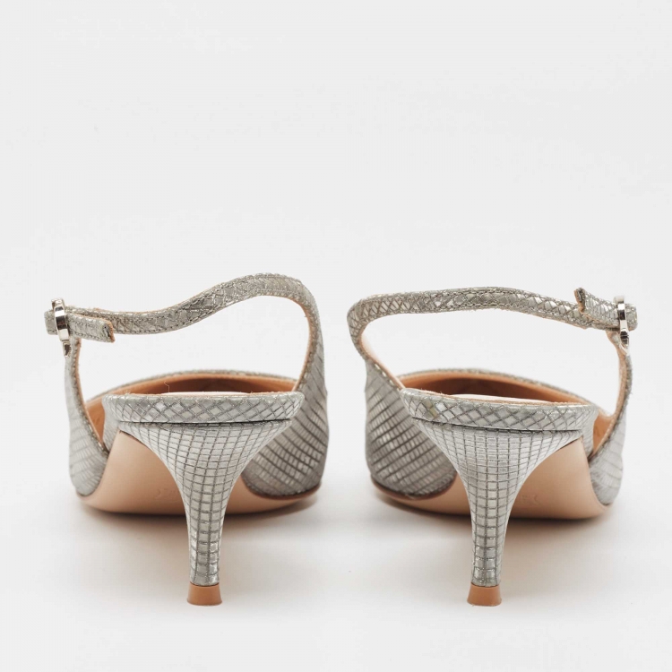 Pre Owned Gianvito Rossi Silver Metallic Mesh Slingback Pumps Size 38