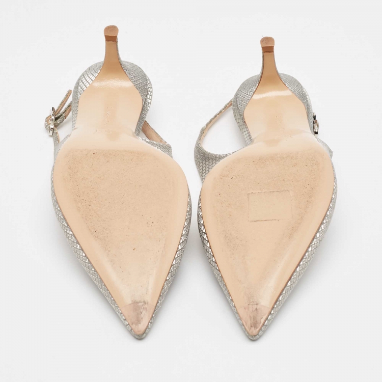 Pre Owned Gianvito Rossi Silver Metallic Mesh Slingback Pumps Size 38