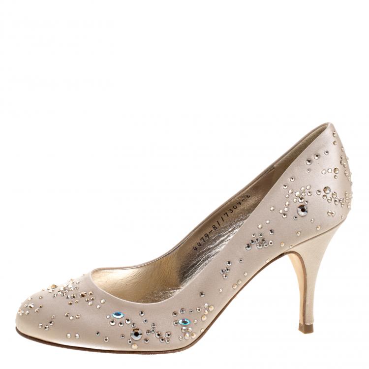 Pre Owned Gina Beige Crystal Studded Satin Pumps Size 38