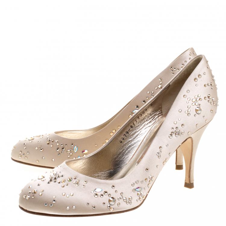 Pre Owned Gina Beige Crystal Studded Satin Pumps Size 38