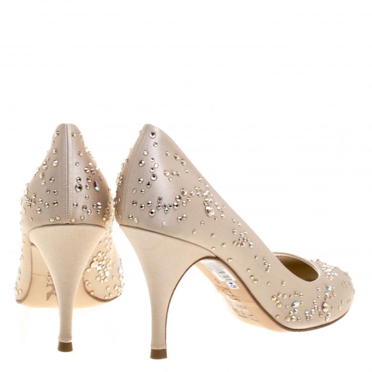 Pre Owned Gina Beige Crystal Studded Satin Pumps Size 38