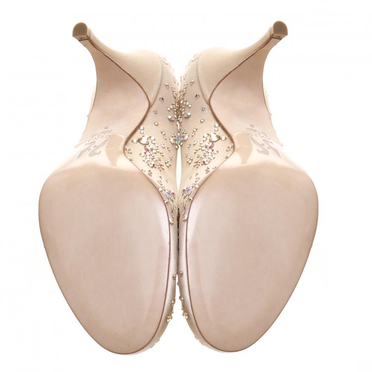 Pre Owned Gina Beige Crystal Studded Satin Pumps Size 38