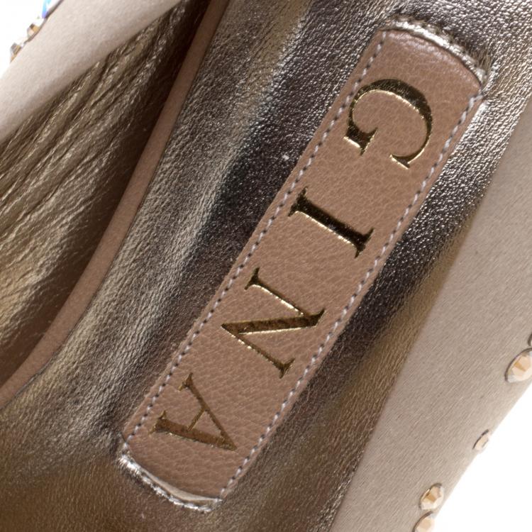 Pre Owned Gina Beige Crystal Studded Satin Pumps Size 38