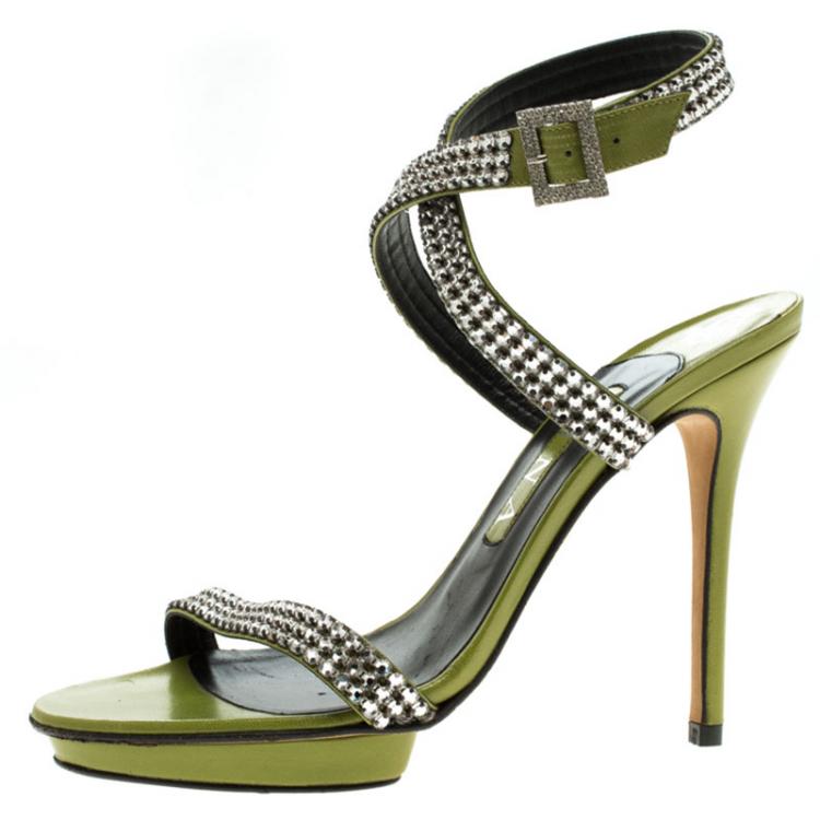 Pre Owned Gina Green Crystal Embellished Leather Cross Ankle Strap Sandals Size 39