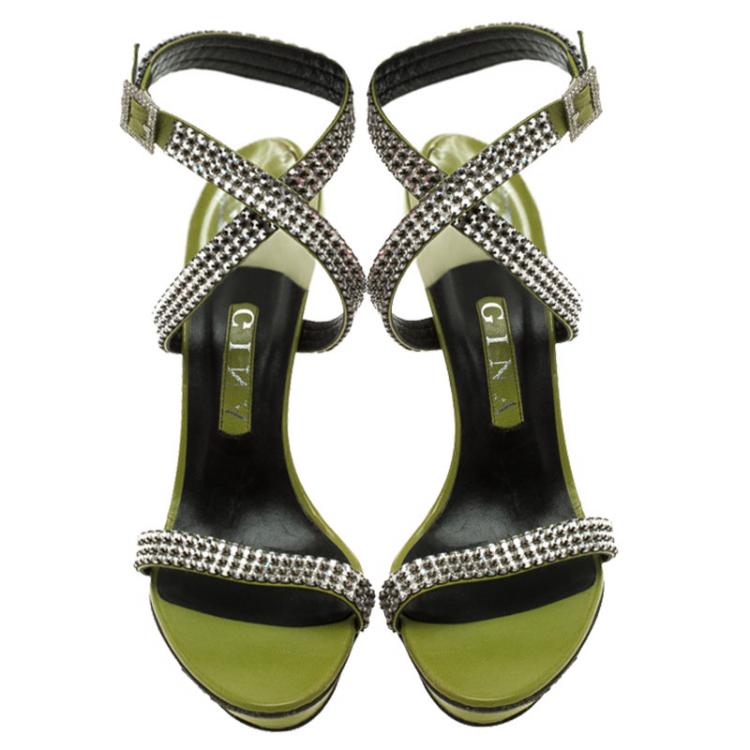 Pre Owned Gina Green Crystal Embellished Leather Cross Ankle Strap Sandals Size 39