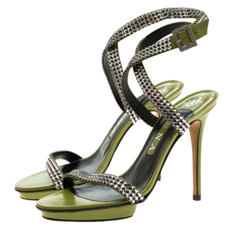 Pre Owned Gina Green Crystal Embellished Leather Cross Ankle Strap Sandals Size 39