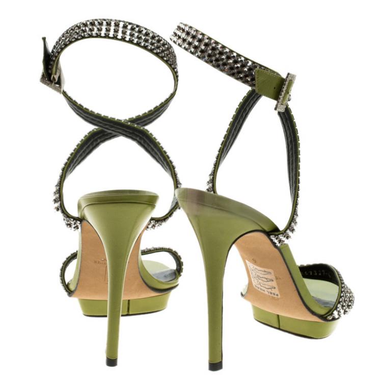Pre Owned Gina Green Crystal Embellished Leather Cross Ankle Strap Sandals Size 39