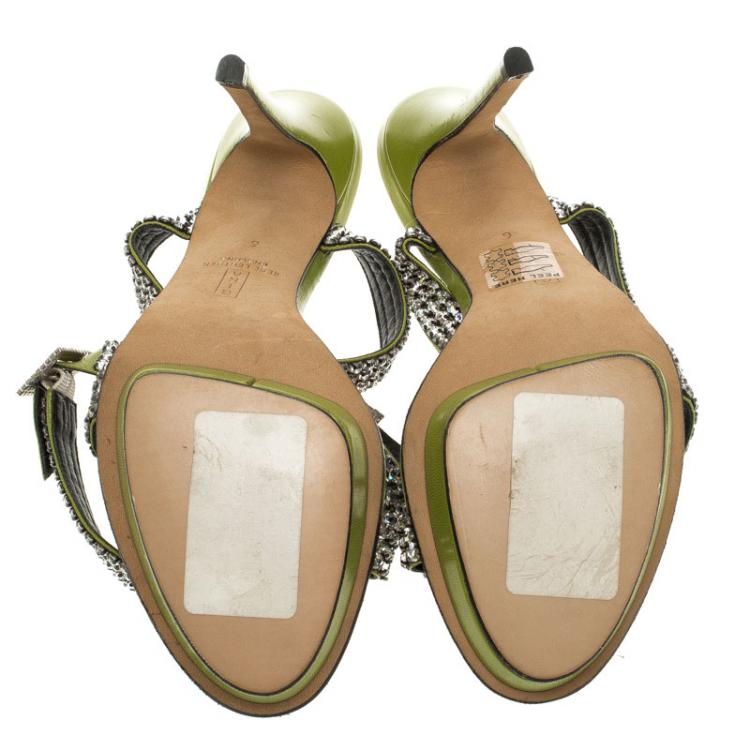 Pre Owned Gina Green Crystal Embellished Leather Cross Ankle Strap Sandals Size 39