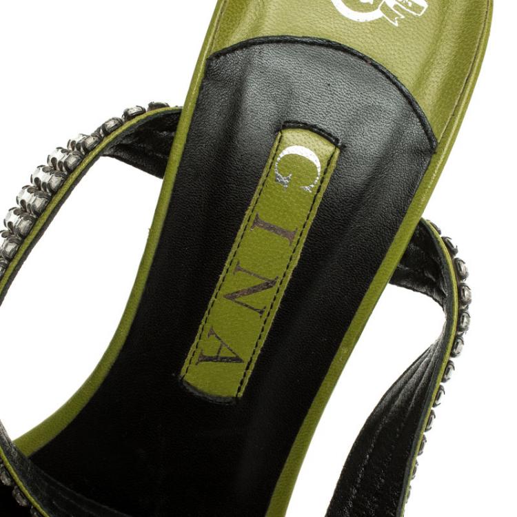 Pre Owned Gina Green Crystal Embellished Leather Cross Ankle Strap Sandals Size 39