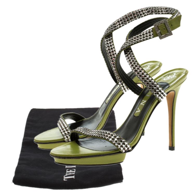 Pre Owned Gina Green Crystal Embellished Leather Cross Ankle Strap Sandals Size 39