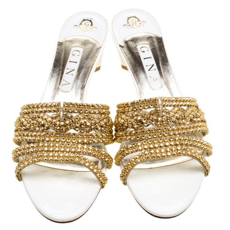 Pre Owned Gina Gold Crystal Embellished Slides Size 41