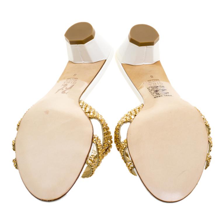 Pre Owned Gina Gold Crystal Embellished Slides Size 41