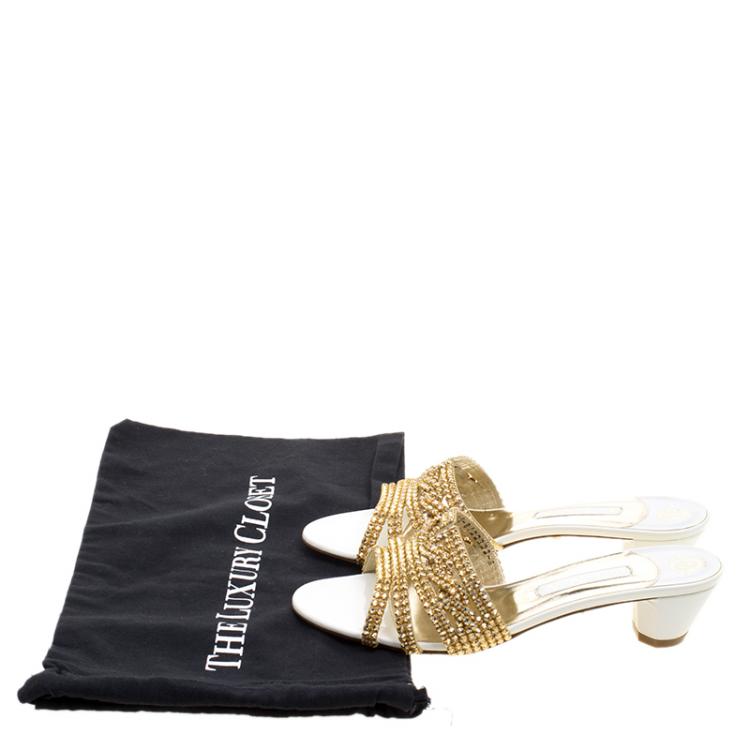 Pre Owned Gina Gold Crystal Embellished Slides Size 41