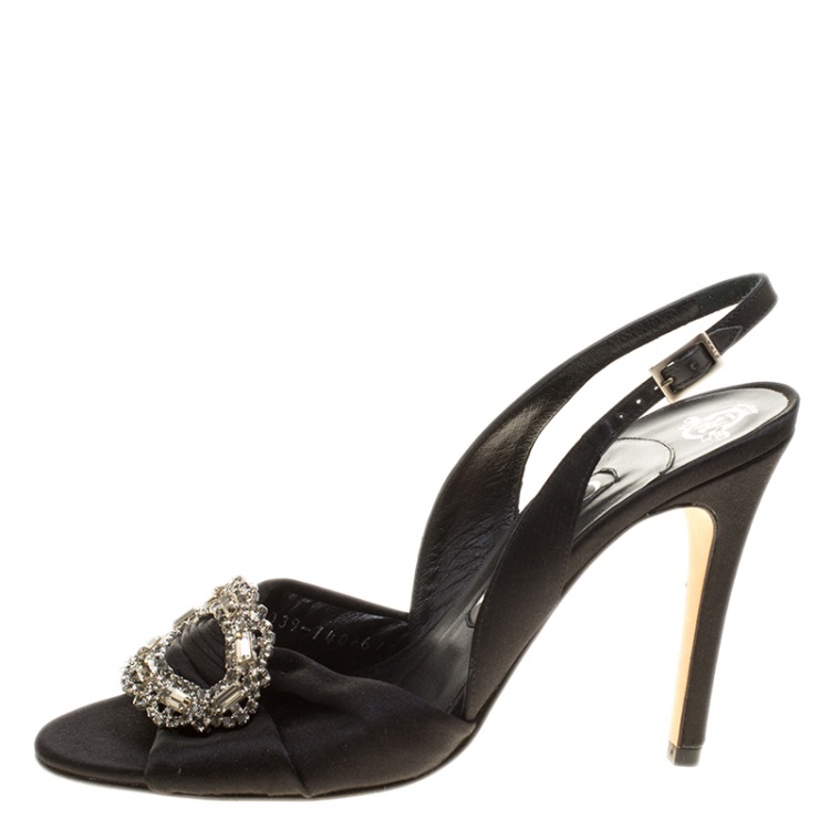 Pre Owned Gina Black Satin Crystal Brooch Embellished Slingback Sandals Size 38