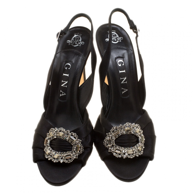 Pre Owned Gina Black Satin Crystal Brooch Embellished Slingback Sandals Size 38