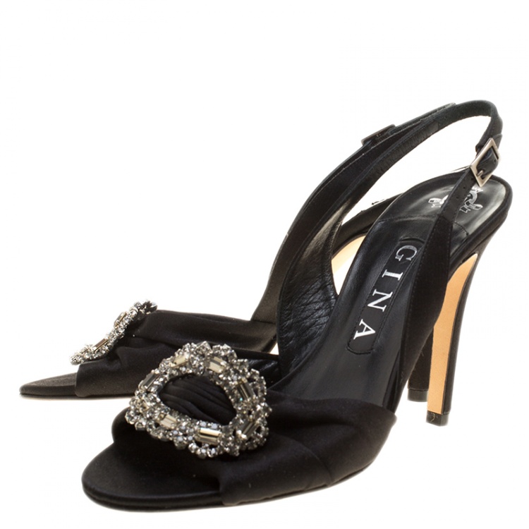 Pre Owned Gina Black Satin Crystal Brooch Embellished Slingback Sandals Size 38