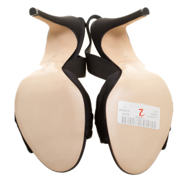 Pre Owned Gina Black Satin Crystal Brooch Embellished Slingback Sandals Size 38