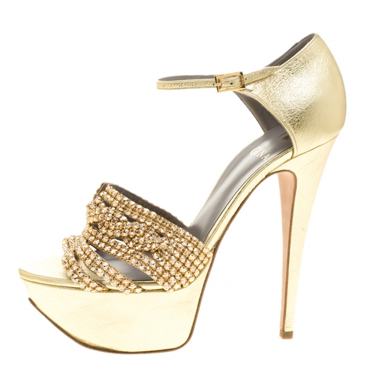 Pre Owned Gina Metallic Gold Leather Sheridan Crystal Embellished Platform Ankle Strap Sandals Size 39.5