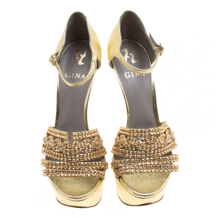 Pre Owned Gina Metallic Gold Leather Sheridan Crystal Embellished Platform Ankle Strap Sandals Size 39.5