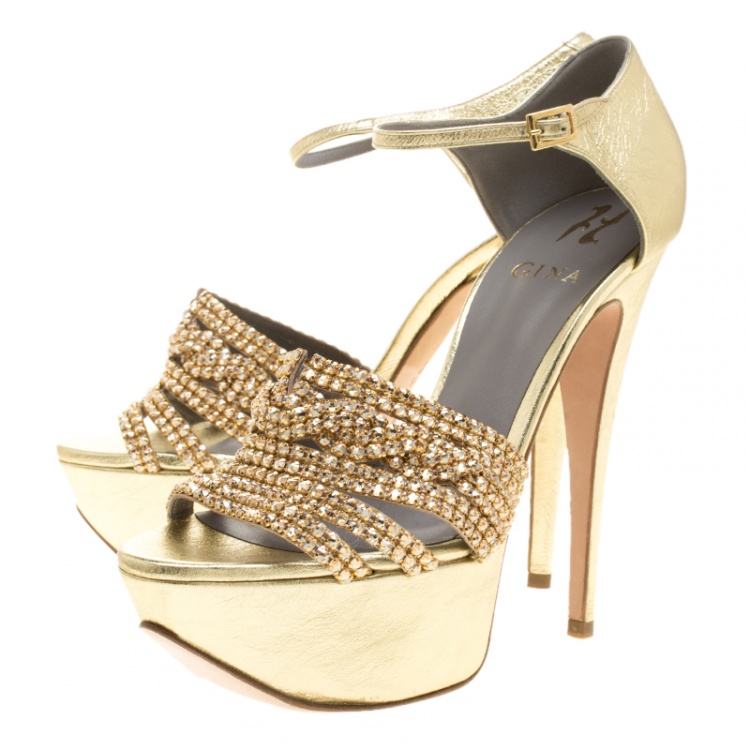 Pre Owned Gina Metallic Gold Leather Sheridan Crystal Embellished Platform Ankle Strap Sandals Size 39.5