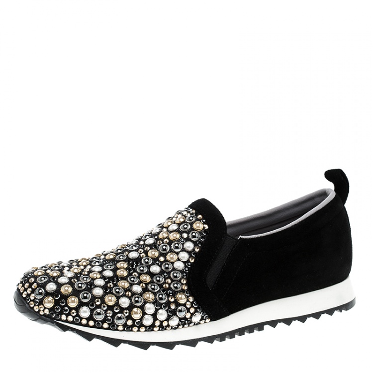 مملوكة مسبقًا Gina Black Satin Crystal Embellished Slip On Sneakers Size 39