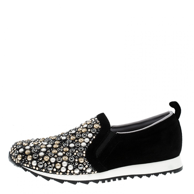 مملوكة مسبقًا Gina Black Satin Crystal Embellished Slip On Sneakers Size 39