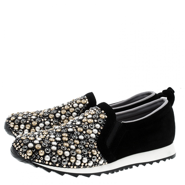 مملوكة مسبقًا Gina Black Satin Crystal Embellished Slip On Sneakers Size 39