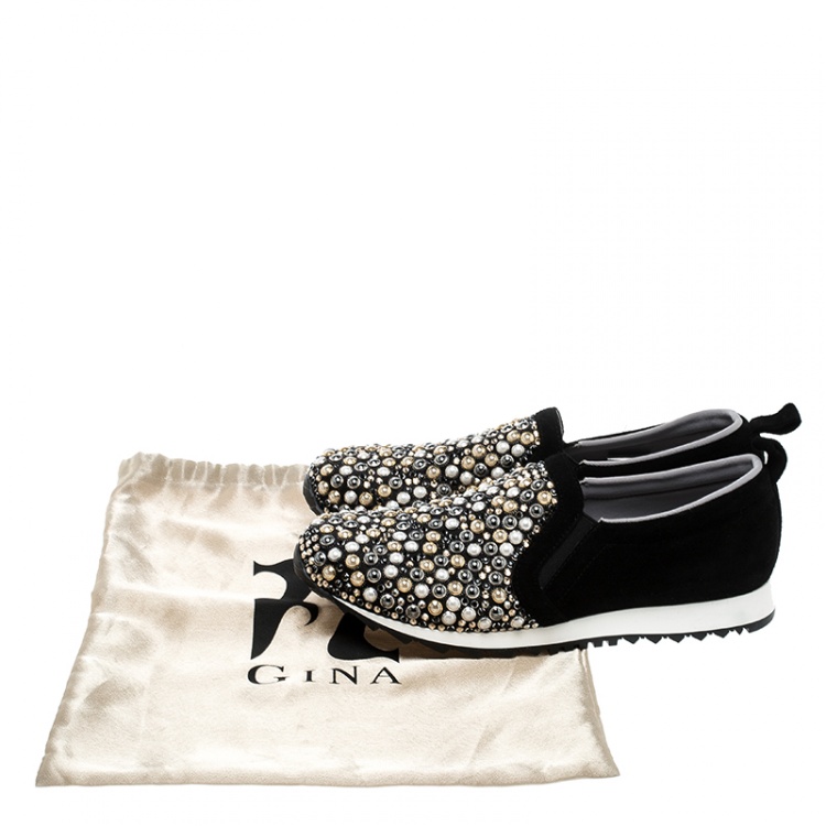 مملوكة مسبقًا Gina Black Satin Crystal Embellished Slip On Sneakers Size 39