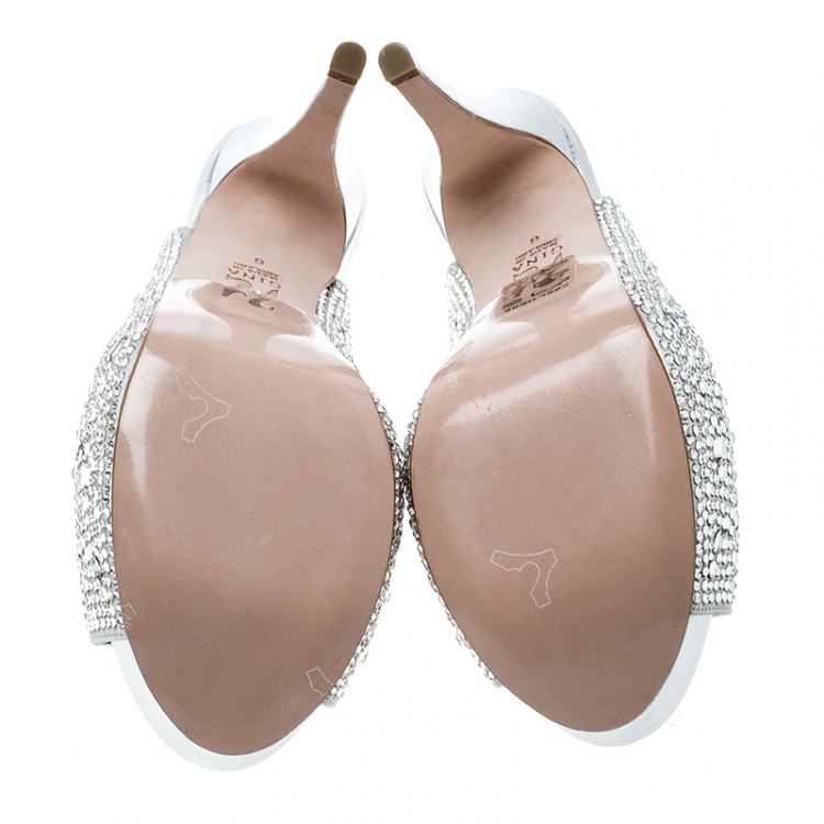 Pre Owned Gina Grey Satin Crystal Embellished Peep Toe Platform Slingback Sandals Size 39