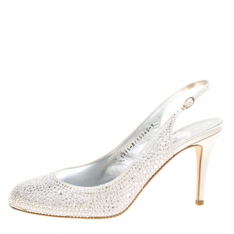 Pre Owned Gina Grey Satin Crystal Embellished Slingback Sandals Size 40