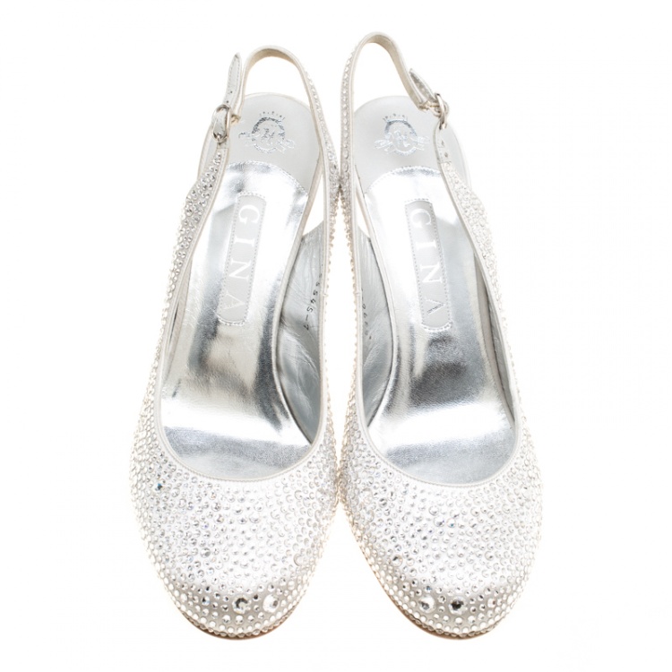 Pre Owned Gina Grey Satin Crystal Embellished Slingback Sandals Size 40