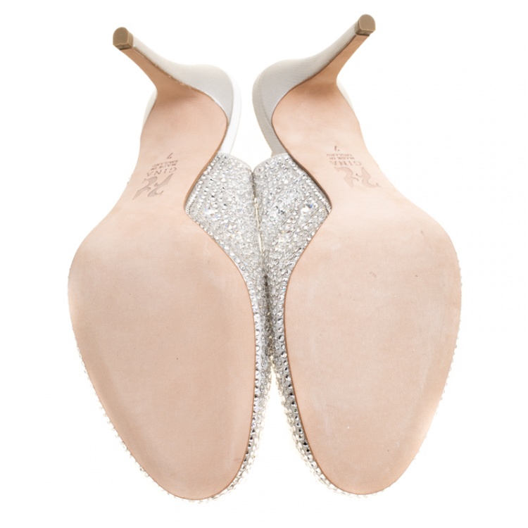 Pre Owned Gina Grey Satin Crystal Embellished Slingback Sandals Size 40