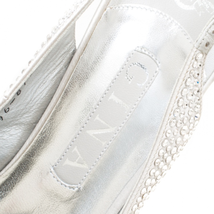 Pre Owned Gina Grey Satin Crystal Embellished Slingback Sandals Size 40