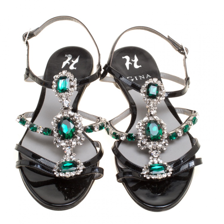 Pre Owned Gina Black Patent Leather Crystal Embellished Strappy Flat Sandals Size 39