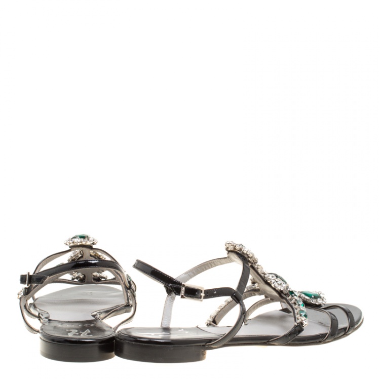Pre Owned Gina Black Patent Leather Crystal Embellished Strappy Flat Sandals Size 39