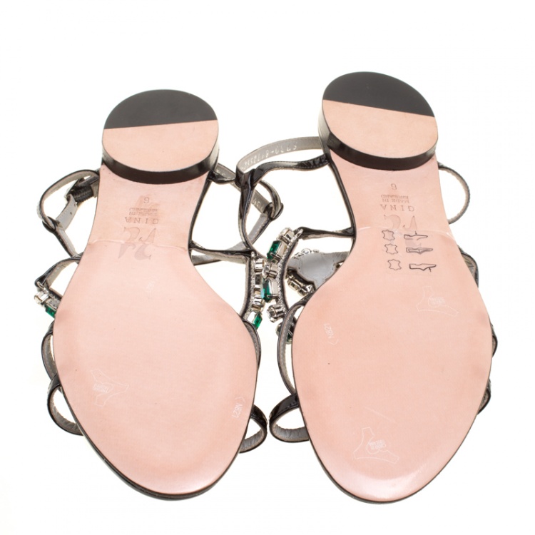 Pre Owned Gina Black Patent Leather Crystal Embellished Strappy Flat Sandals Size 39