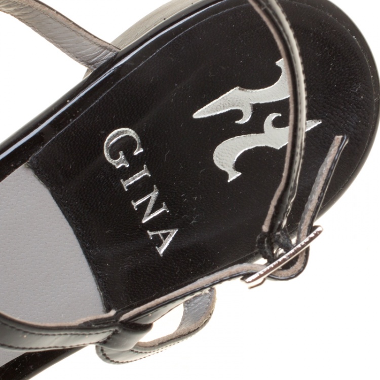 Pre Owned Gina Black Patent Leather Crystal Embellished Strappy Flat Sandals Size 39