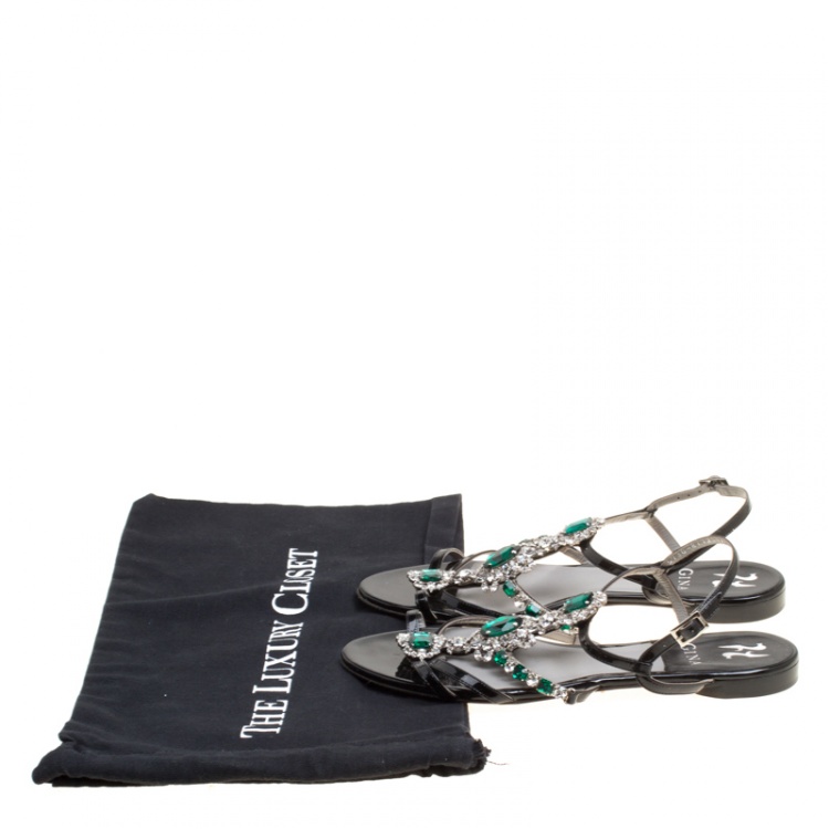 Pre Owned Gina Black Patent Leather Crystal Embellished Strappy Flat Sandals Size 39