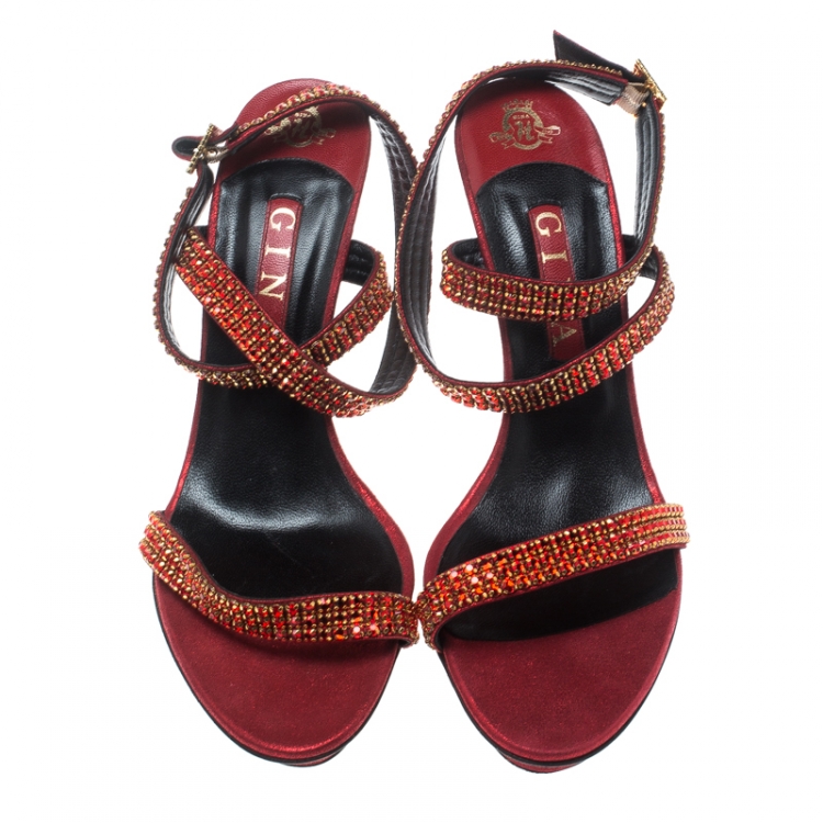 Pre Owned Gina Red Crystal Embellished Suede Ankle Wrap Open Toe Sandals Size 41
