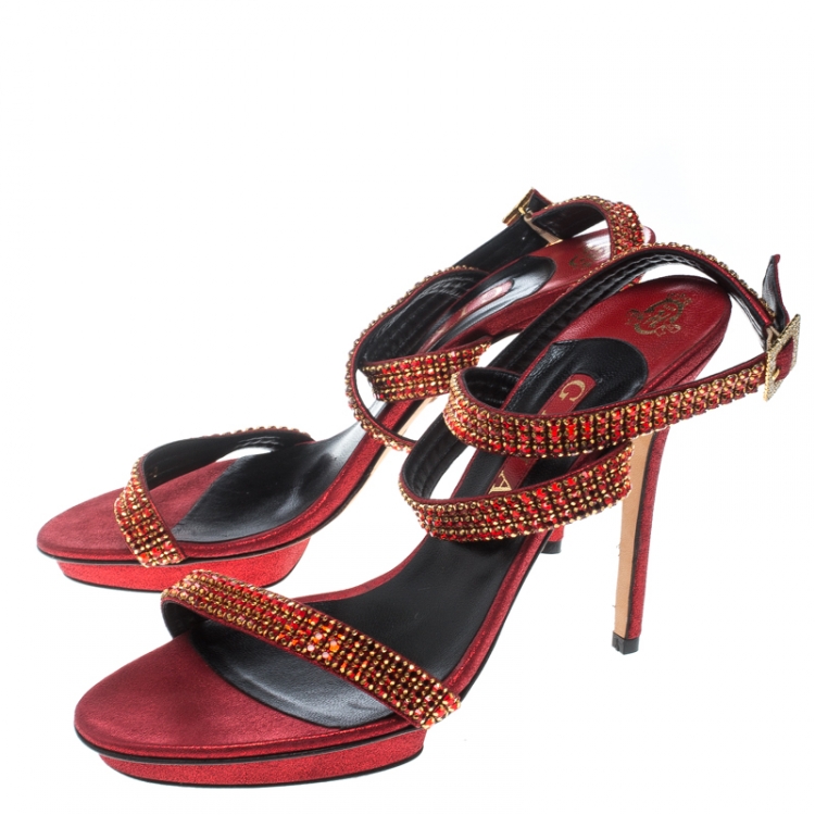 Pre Owned Gina Red Crystal Embellished Suede Ankle Wrap Open Toe Sandals Size 41
