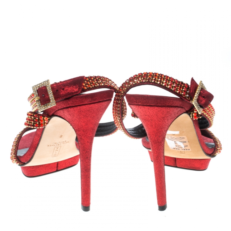 Pre Owned Gina Red Crystal Embellished Suede Ankle Wrap Open Toe Sandals Size 41