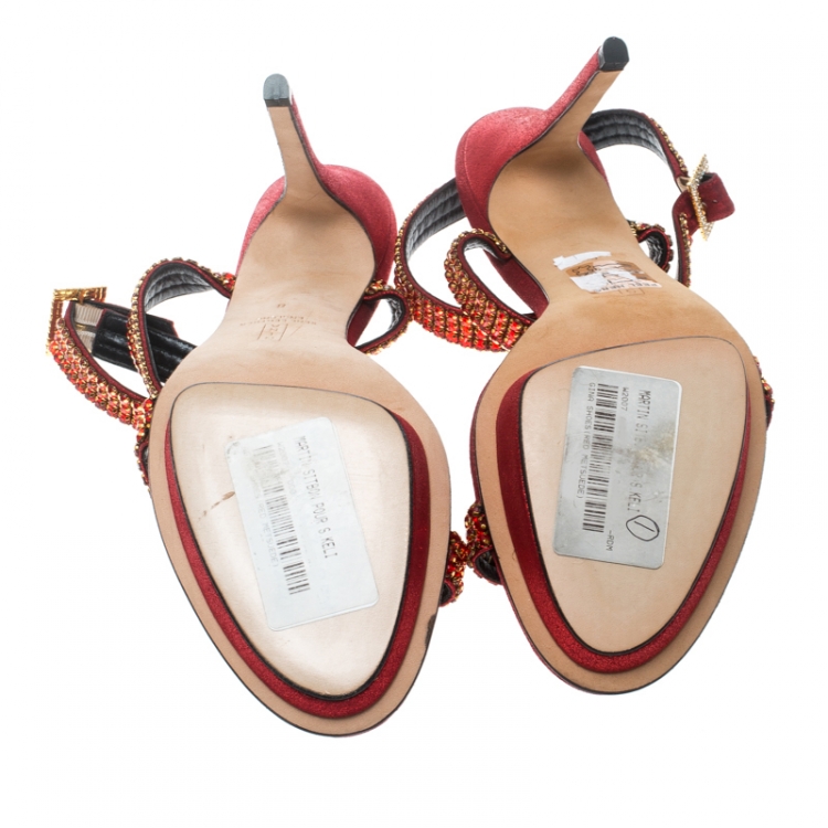 Pre Owned Gina Red Crystal Embellished Suede Ankle Wrap Open Toe Sandals Size 41