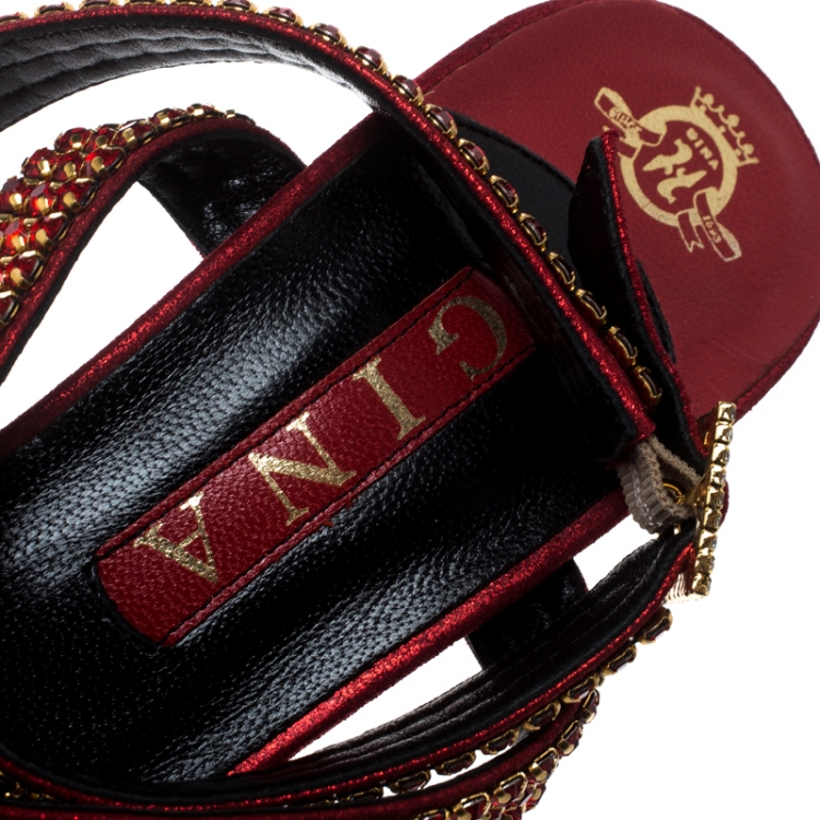 Pre Owned Gina Red Crystal Embellished Suede Ankle Wrap Open Toe Sandals Size 41