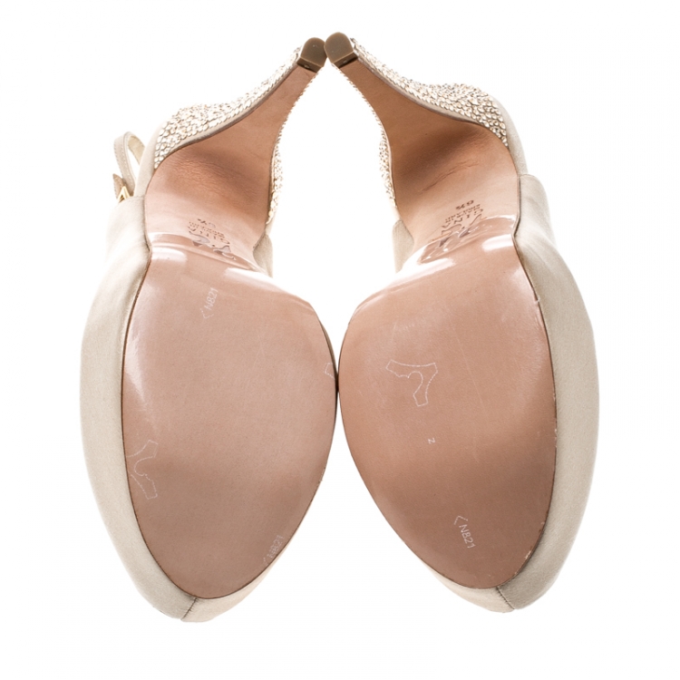 Pre Owned Gina Beige Satin Crystal Embellished Heel Peep Toe Slingback Sandals Size 39.5