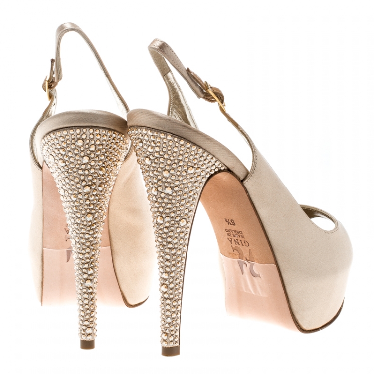 Pre Owned Gina Beige Satin Crystal Embellished Heel Peep Toe Slingback Sandals Size 39.5